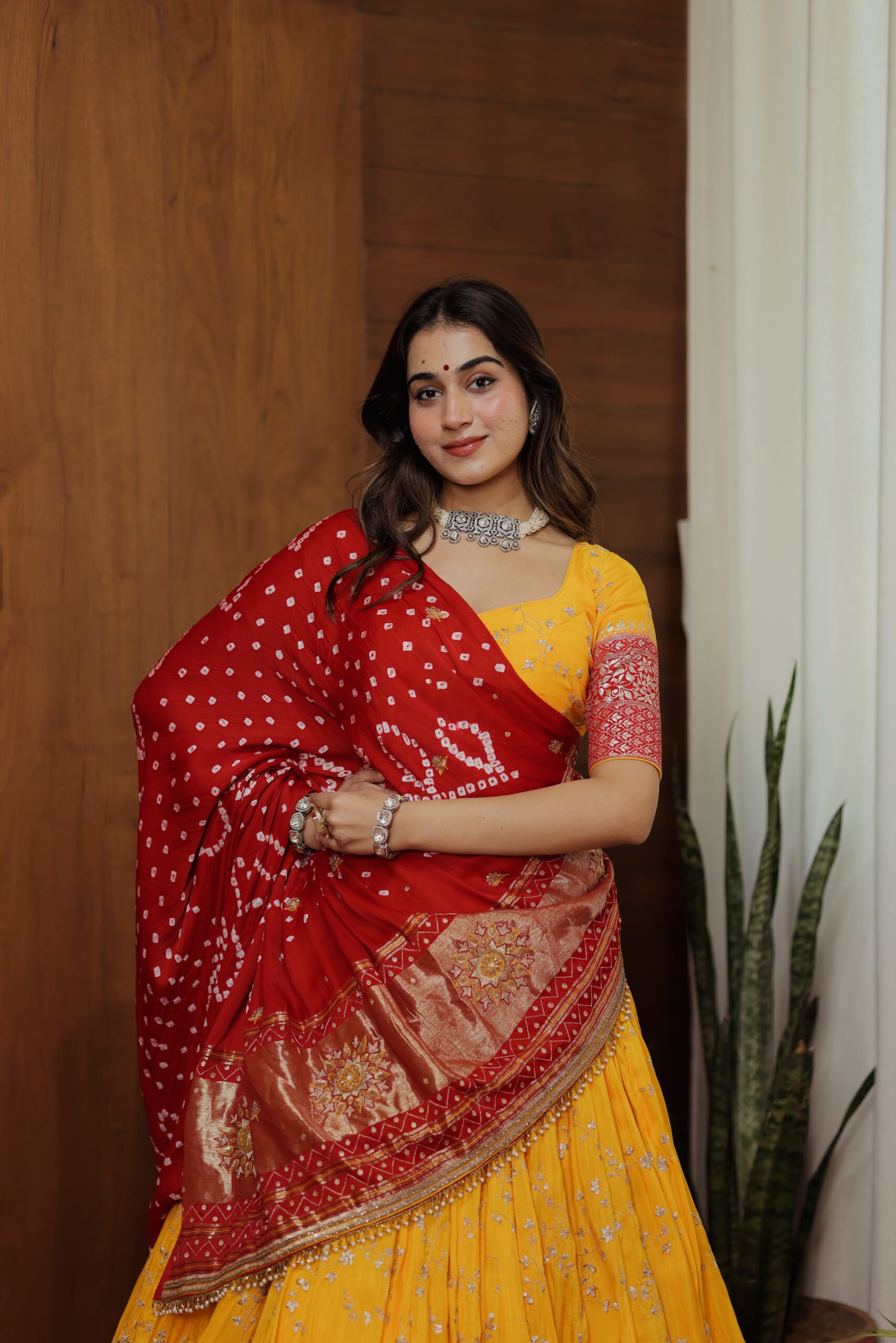 Yellow Georgette Lehenga Set with Red Dupatta