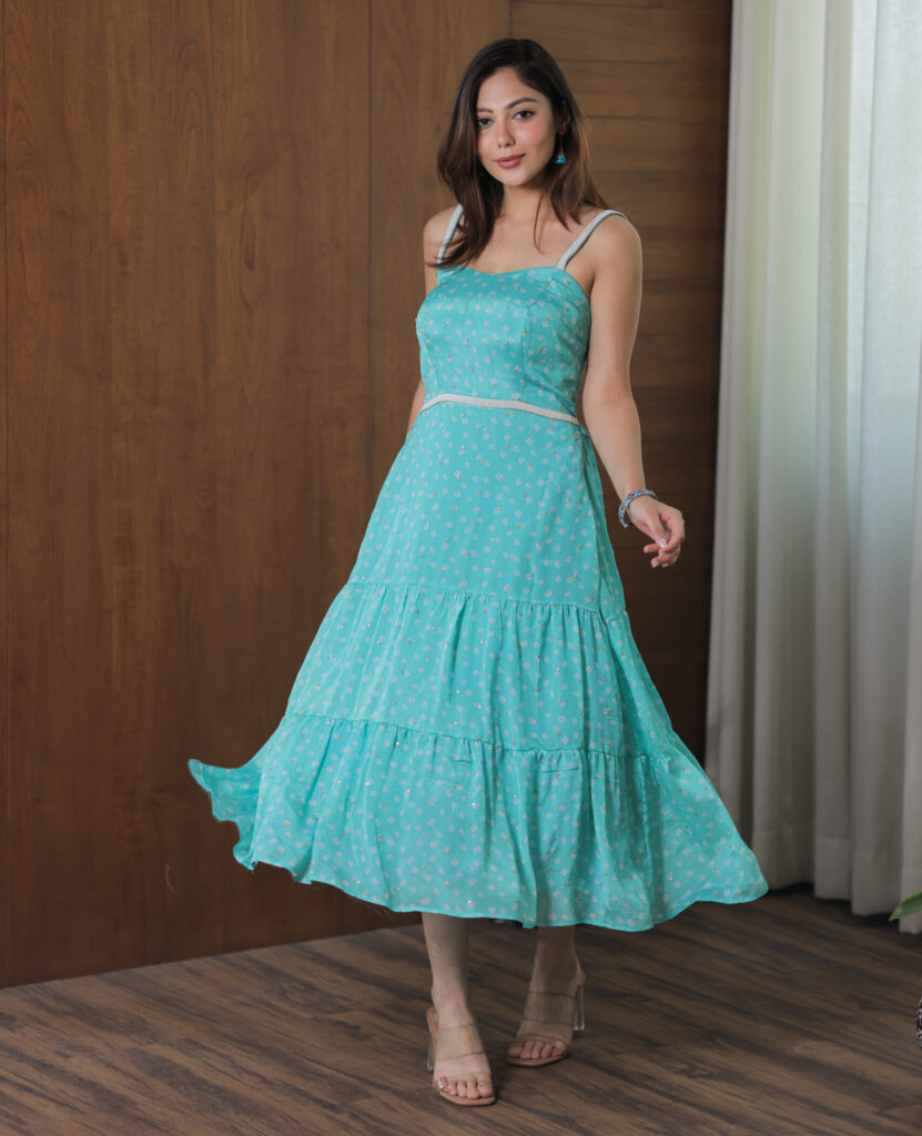 Aqua Blue Georgette short Dress with Bandhani Print & Gold Work
