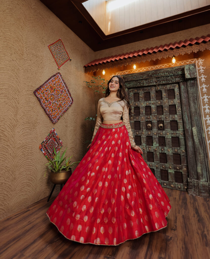 Red Gold Banarasi Chaniya with Champagne Blouse