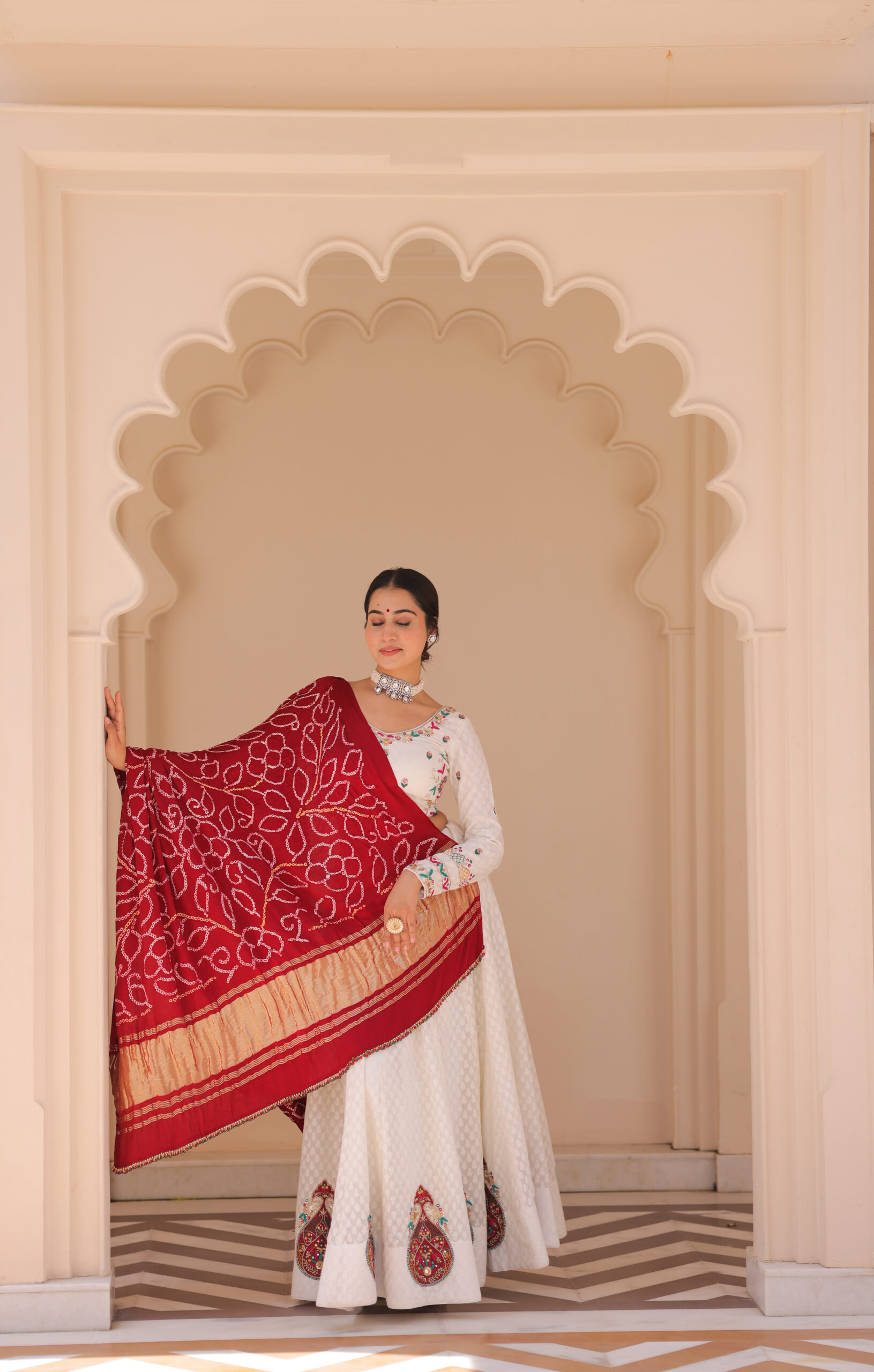 White Silk Lehenga Set with Red Bandhej Dupatta