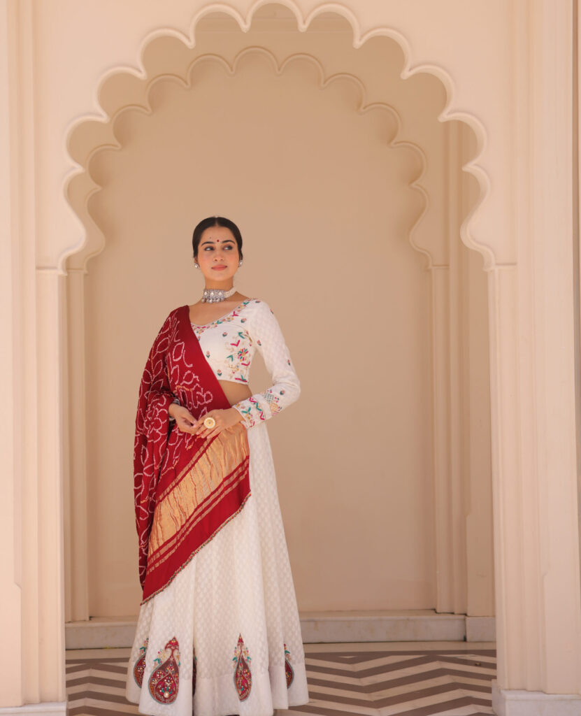 White Silk Lehenga Set with Red Bandhej Dupatta