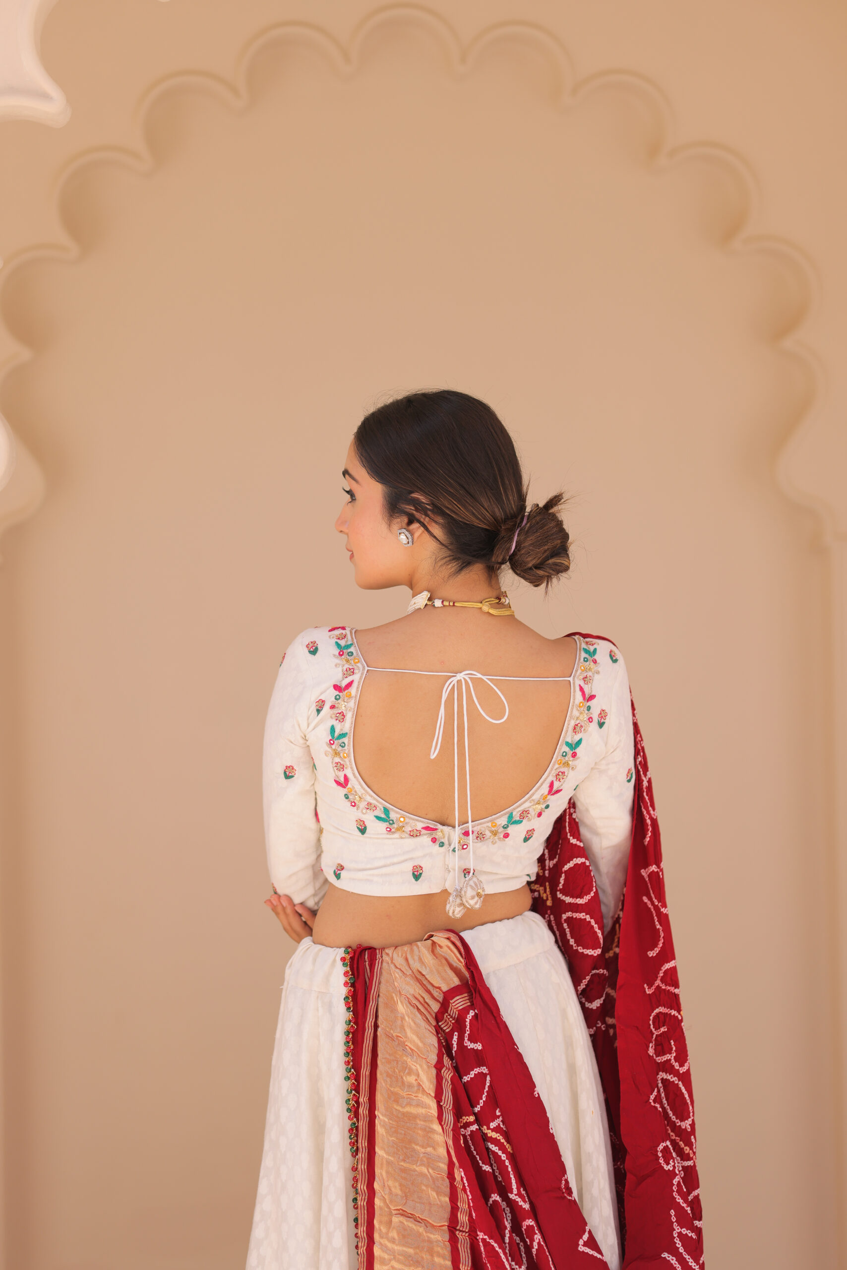 White Silk Lehenga Set with Red Bandhej Dupatta