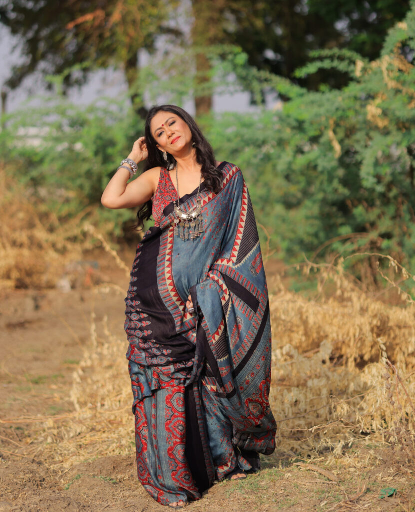 Black & Deep Blue Ajrakh Print Modal Silk Saree
