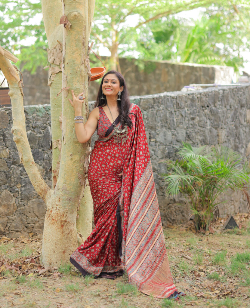 Red Ajrakh Print Modal Silk Saree with Intricate Pallu