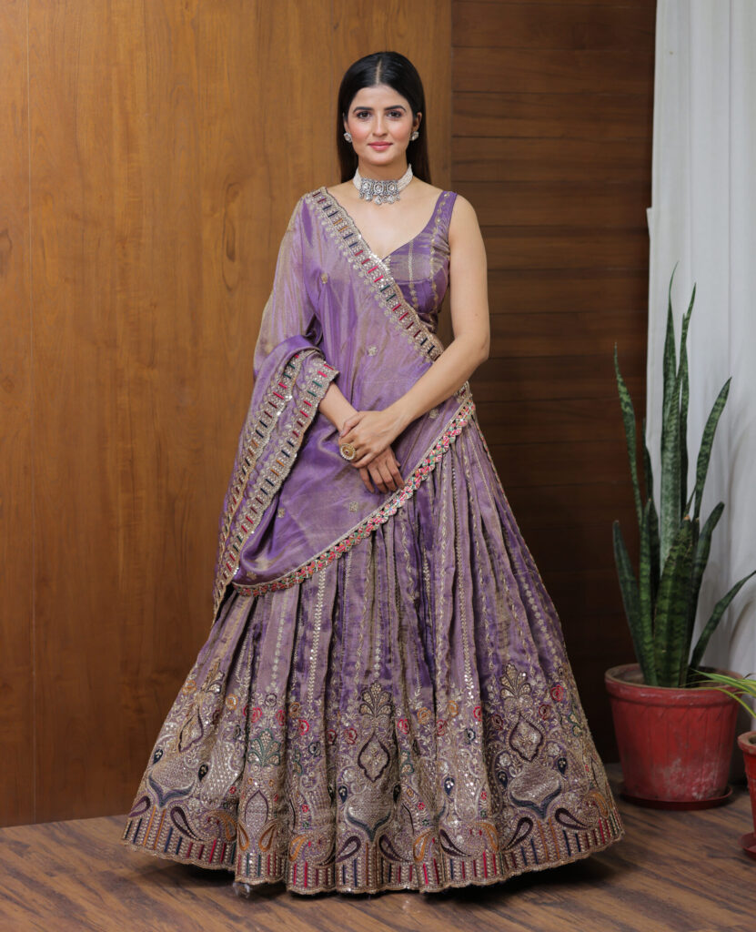 Lavender Embroidered tissue Lehenga Set.