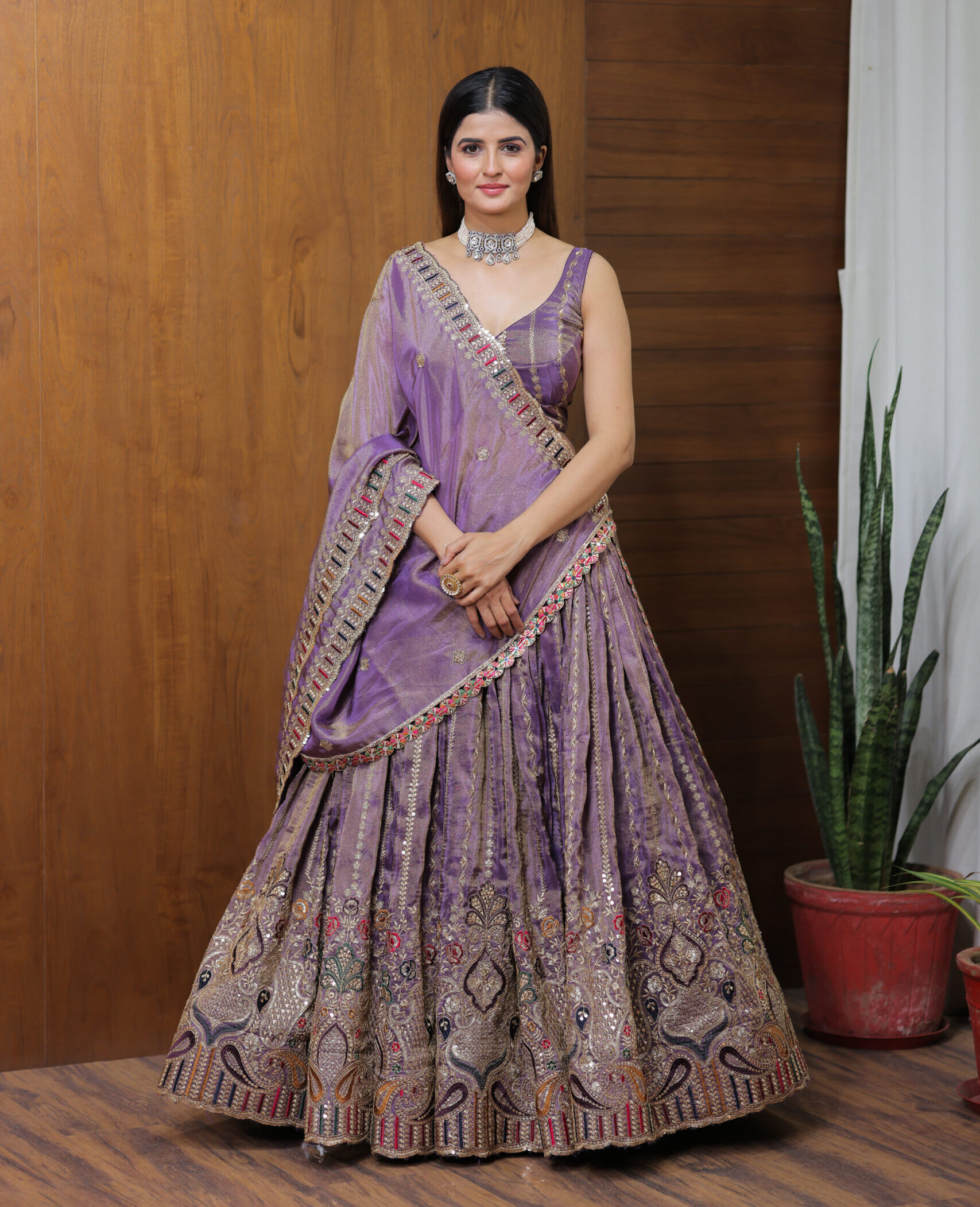 Lavender Embroidered tissue Lehenga Set
