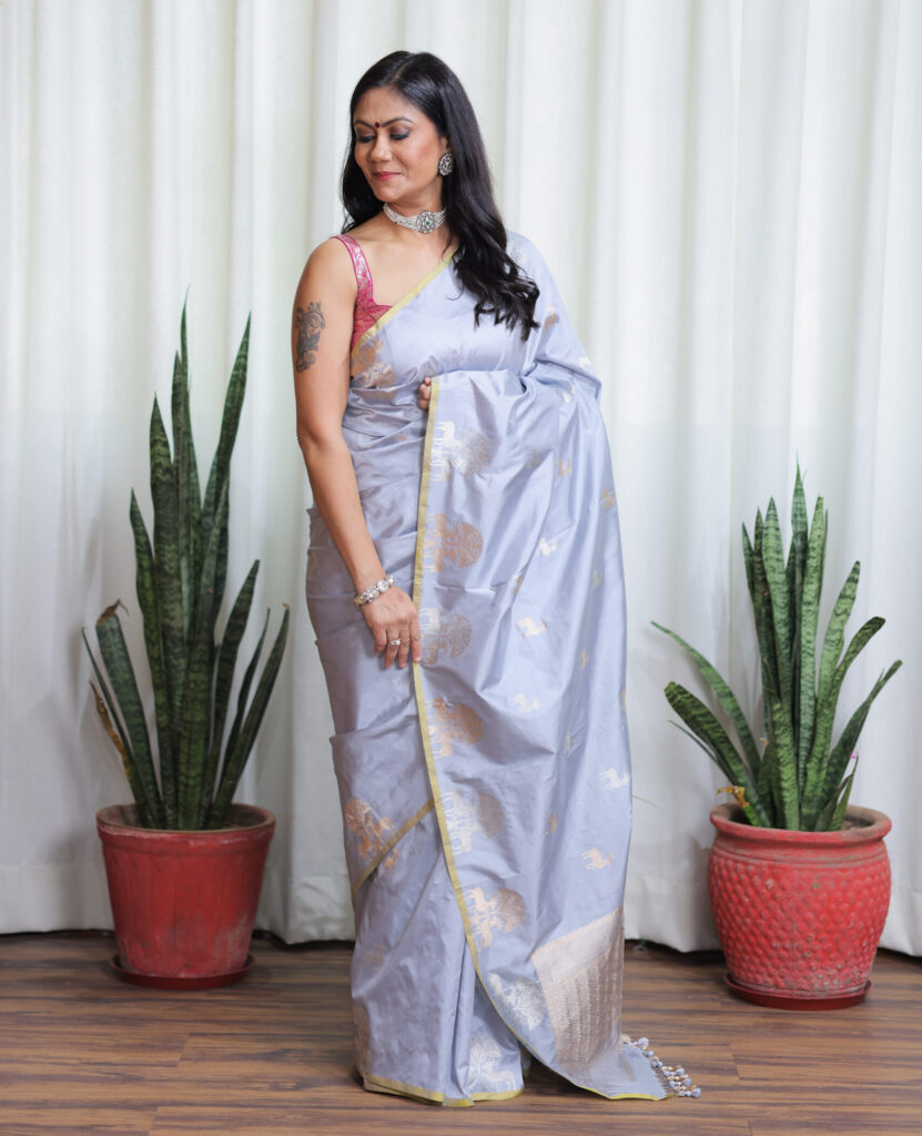 Silver Grey Banarasi Silk Saree with Subtle Zari Motifs