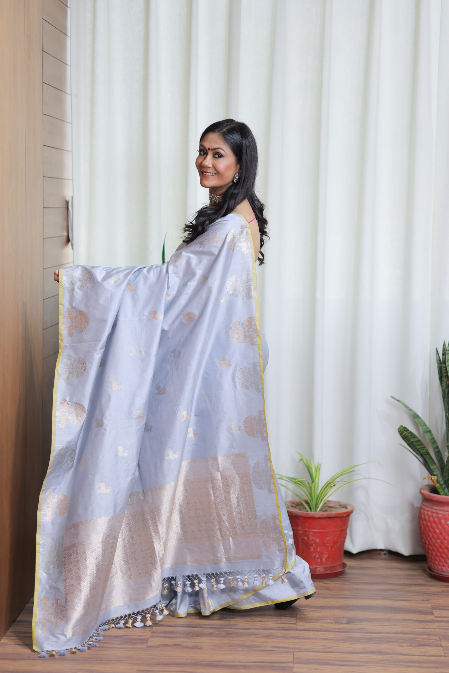 Silver Grey Banarasi Silk Saree with Subtle Zari Motifs