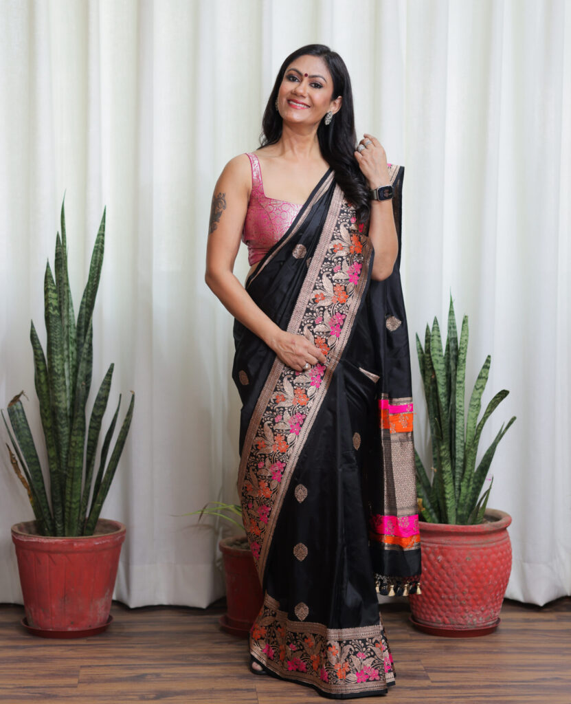 Black Banarasi Silk Saree with Floral Zari Border