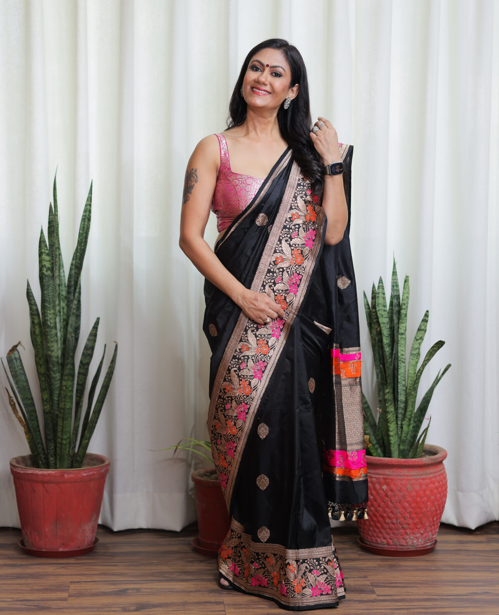 Black Banarasi Silk Saree with Floral Zari Border