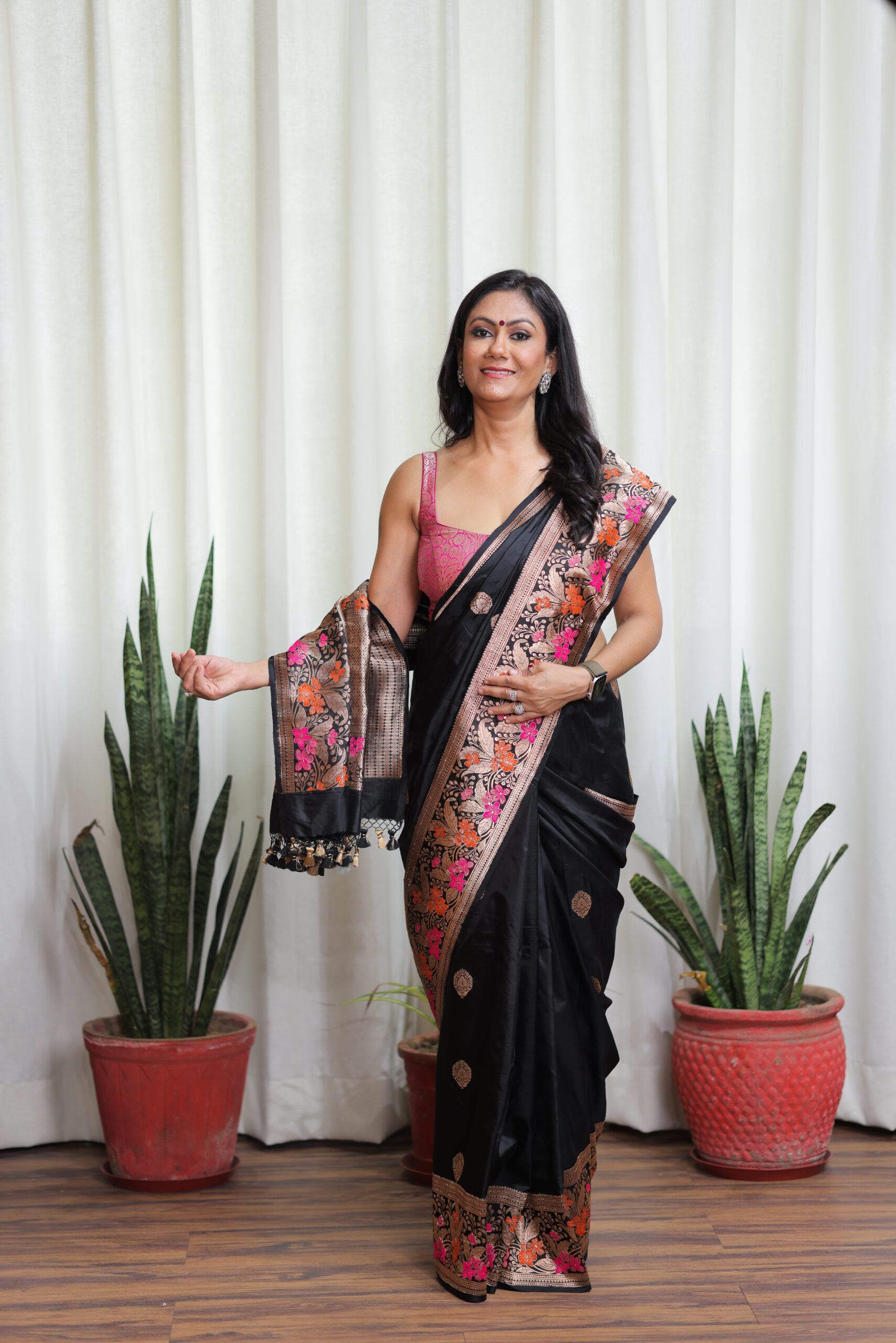 Black Banarasi Silk Saree with Floral Zari Border