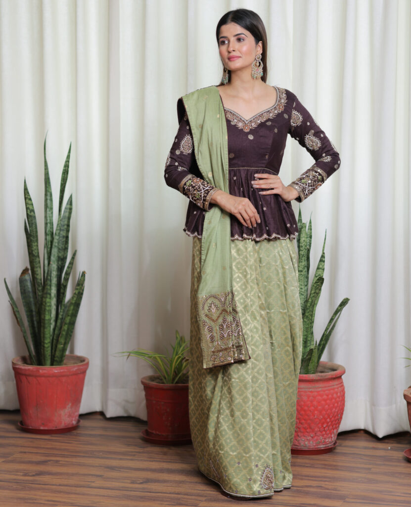 Olive Green Pure Munga Silk Ready-to-Wear Saree with Zari Weave Hand work & Embellished Blouse