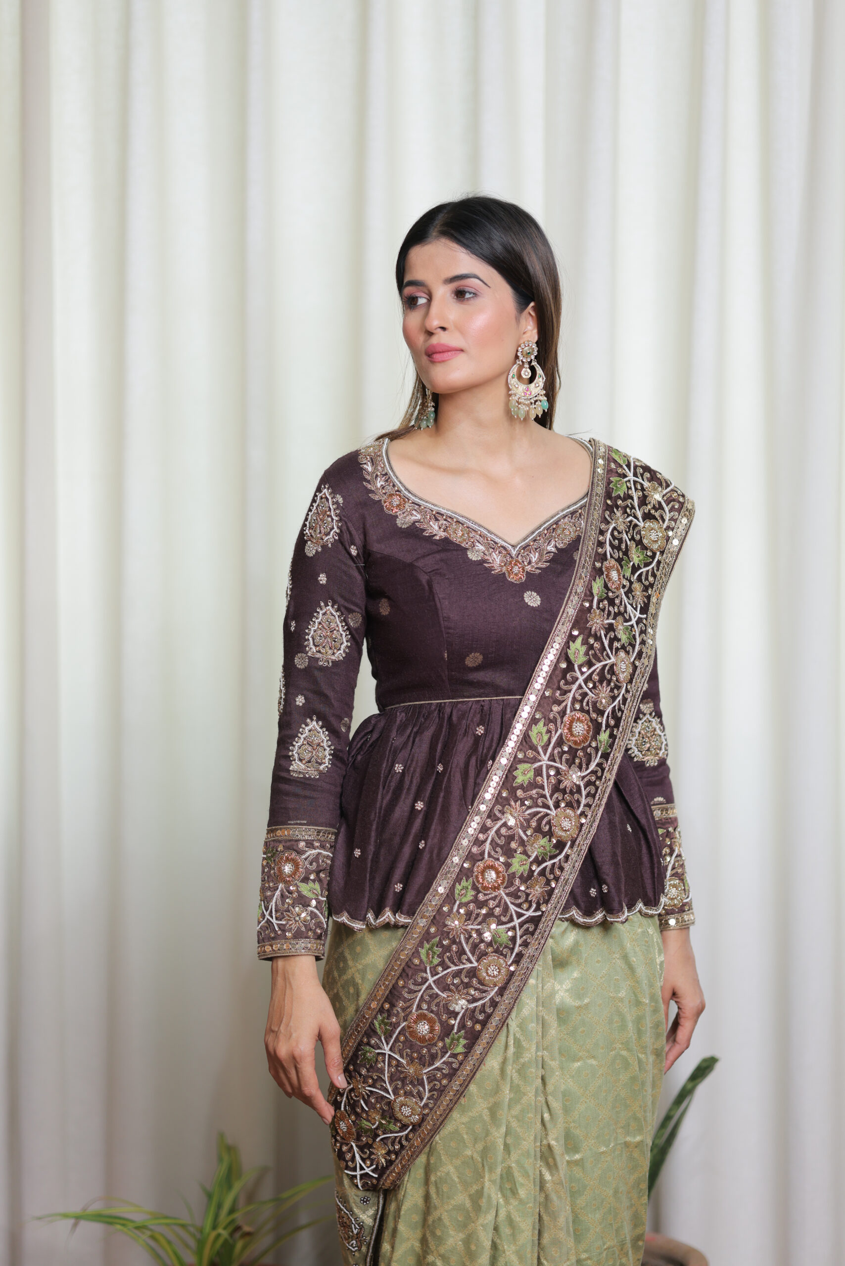 Olive Green Pure Munga Silk Ready-to-Wear Saree with Zari Weave Hand work & Embellished Blouse