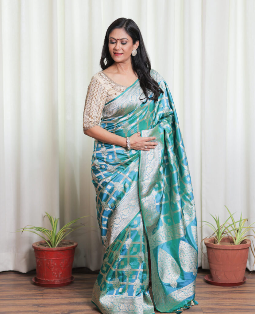 Teal Blue & Green Banarasi Silk Saree with Silver Zari Weave
