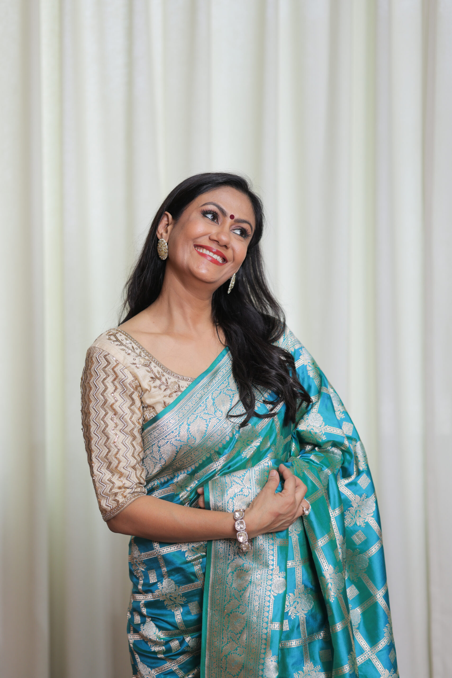 Teal Blue & Green Banarasi Silk Saree with Silver Zari Weave
