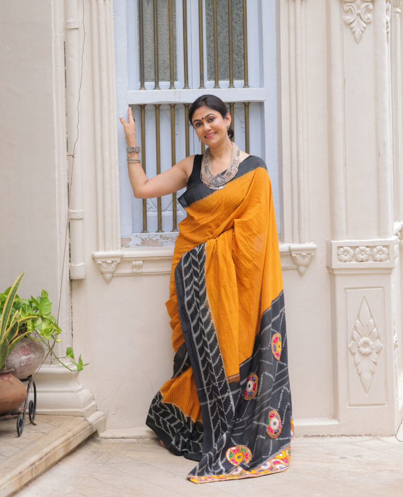 Mustard Yellow Cotton Saree with Black ikkat Pallu and Kachhi Work Border