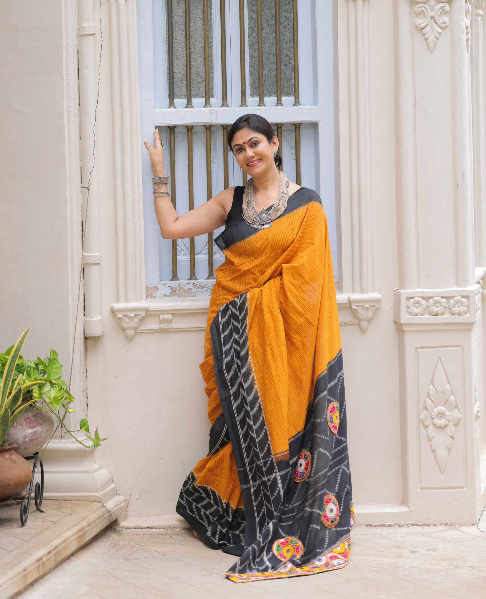 Mustard Yellow Cotton Saree with Black ikkat Pallu and Kachhi Work Border