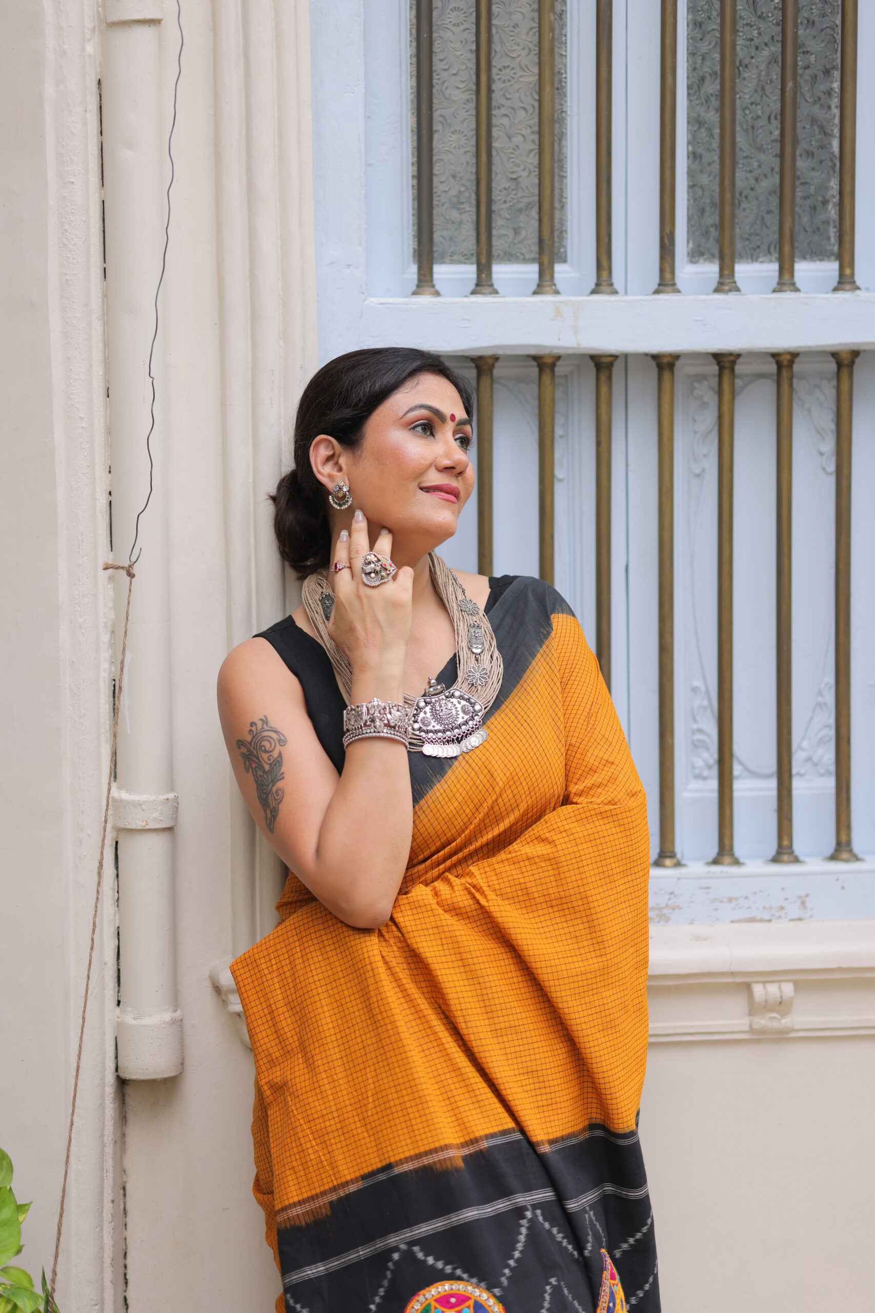 Mustard Yellow Cotton Saree with Black ikkat Pallu and Kachhi Work Border