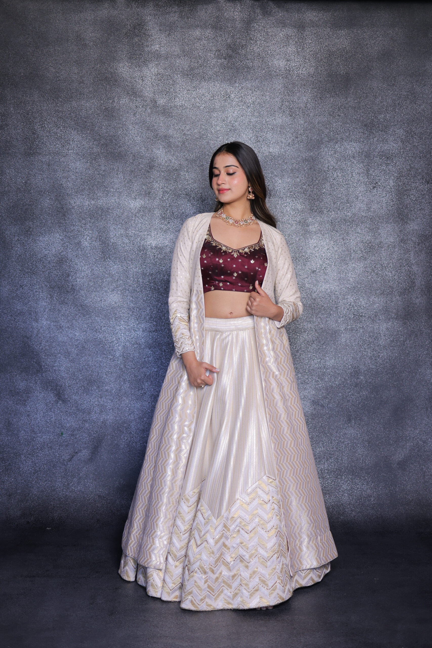 Ivory & Wine Designer Chaniya Choli Set – Jacket Style Elegance