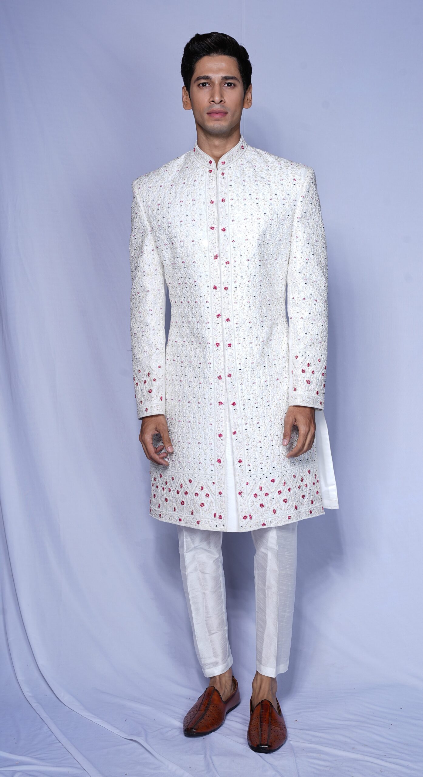 White Royal Kurta with pink embroidery for Men
