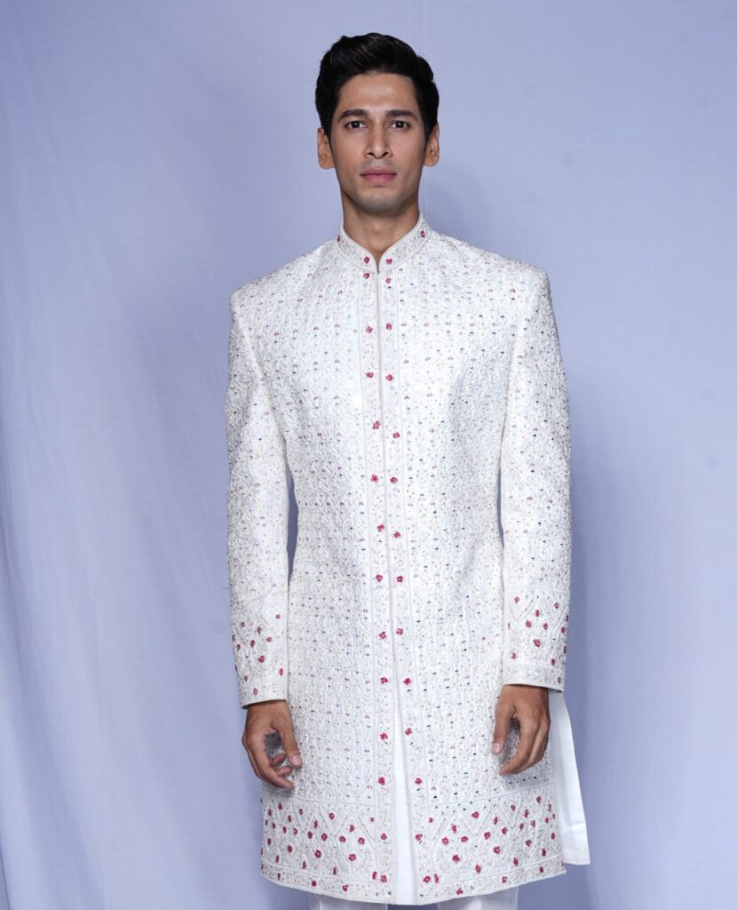White Royal Kurta with pink embroidery for Men