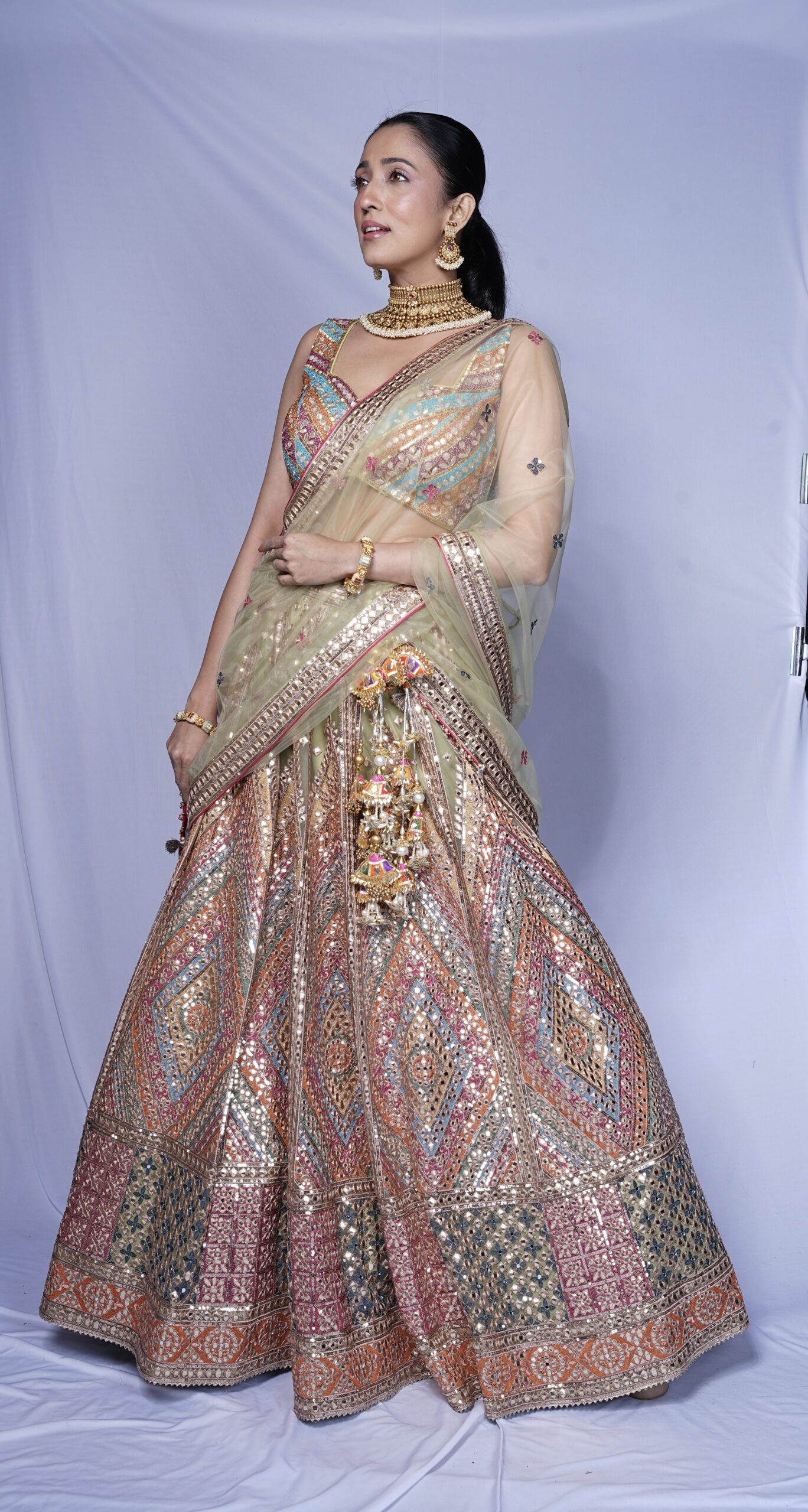 Pastel Multi-Color Mirror Embroidered Lehenga Set with Net Dupatta