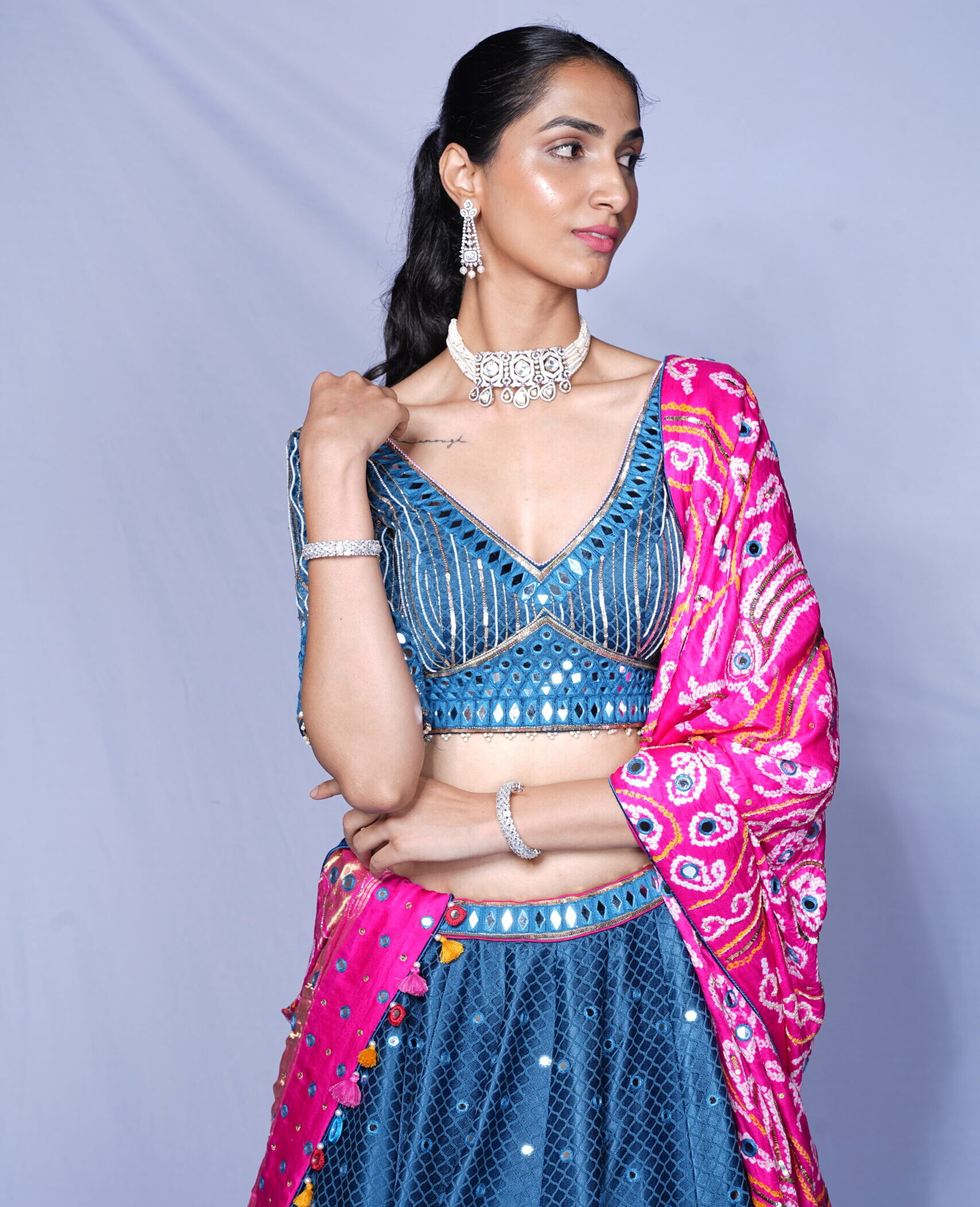 Blue Gaji silk Mirror Work Lehenga Set with Bandhani Dupatta
