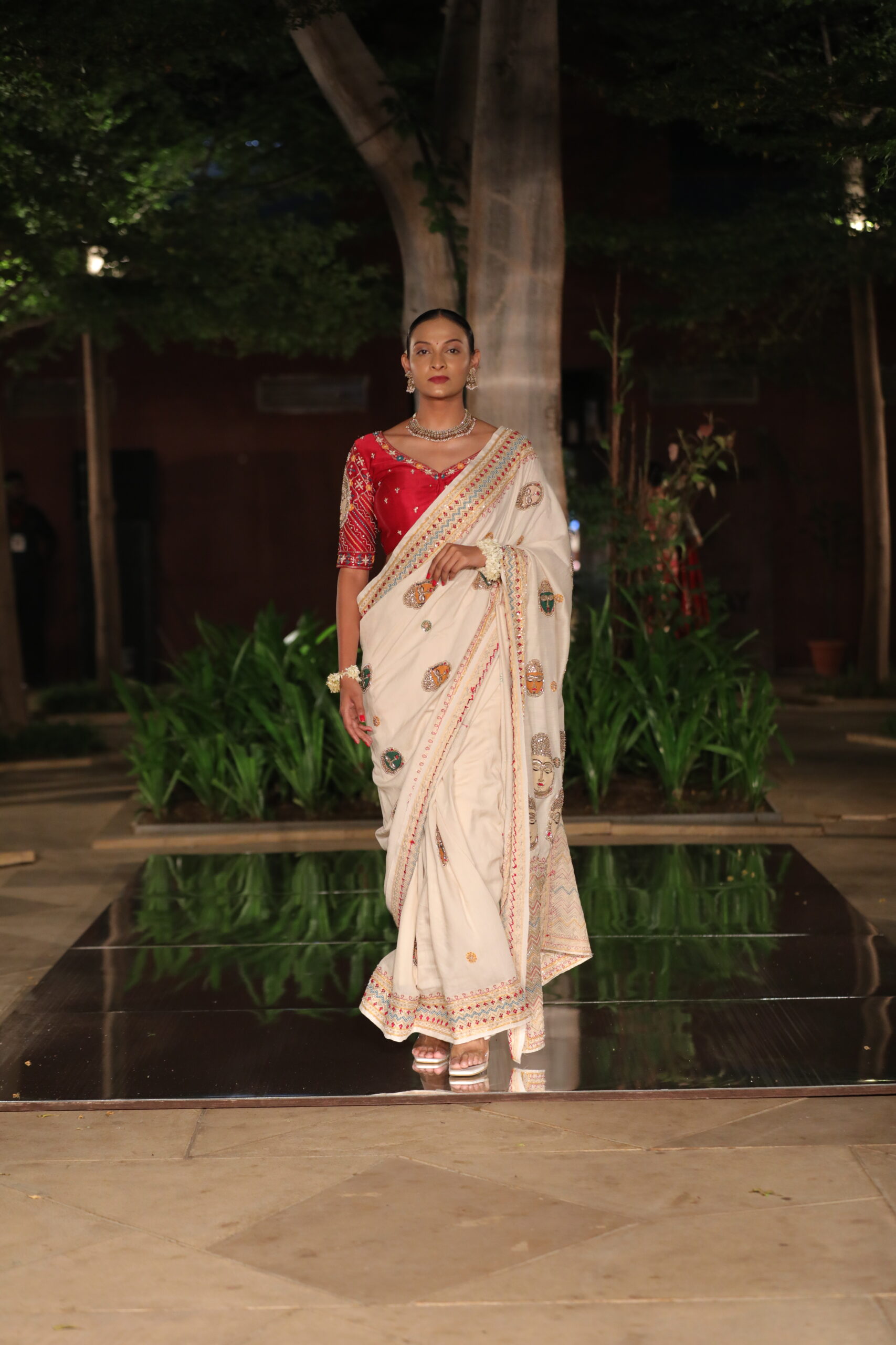 Ivory White Silk Blend Saree with Multicolor Thread Embroidery