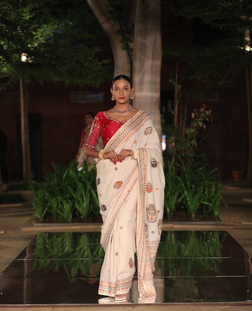 Ivory White Silk Blend Saree with Multicolor Thread Embroidery