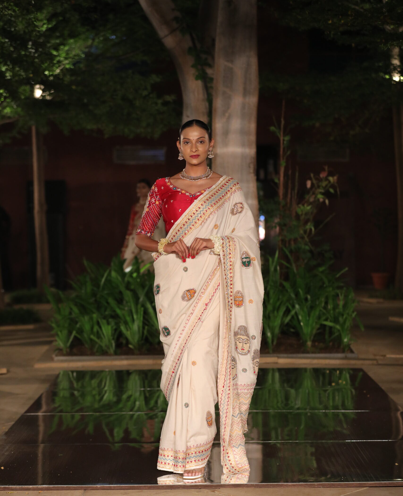 Ivory White Silk Blend Saree with Multicolor Thread Embroidery