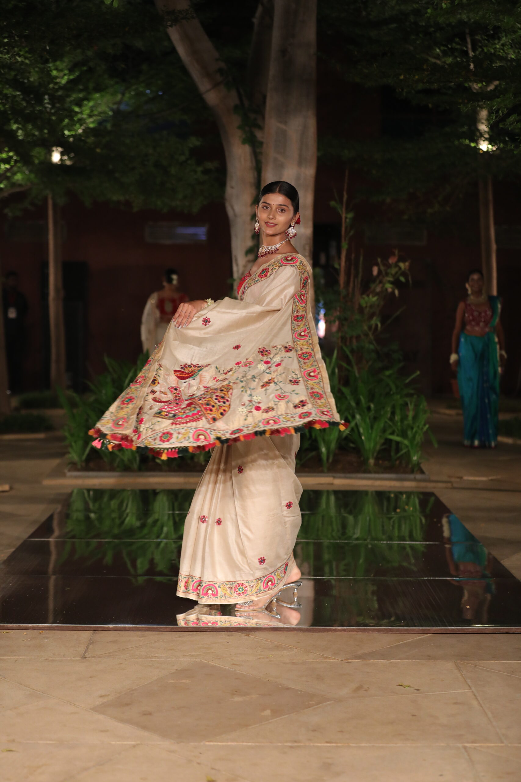 Ivory White pure Munga Silk Blend Saree with Ganesha Motifs and Hand Work Embroidery