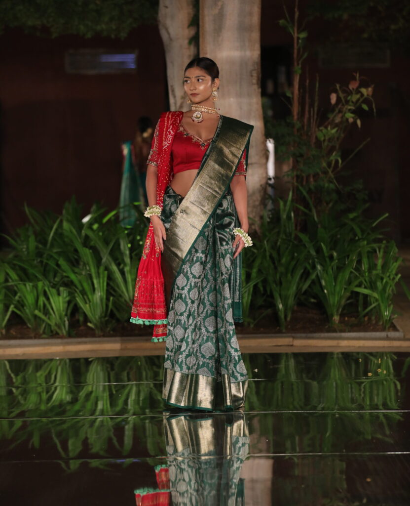 Bottle Green Kanjeevaram Silk Saree with Golden Zari Weaving