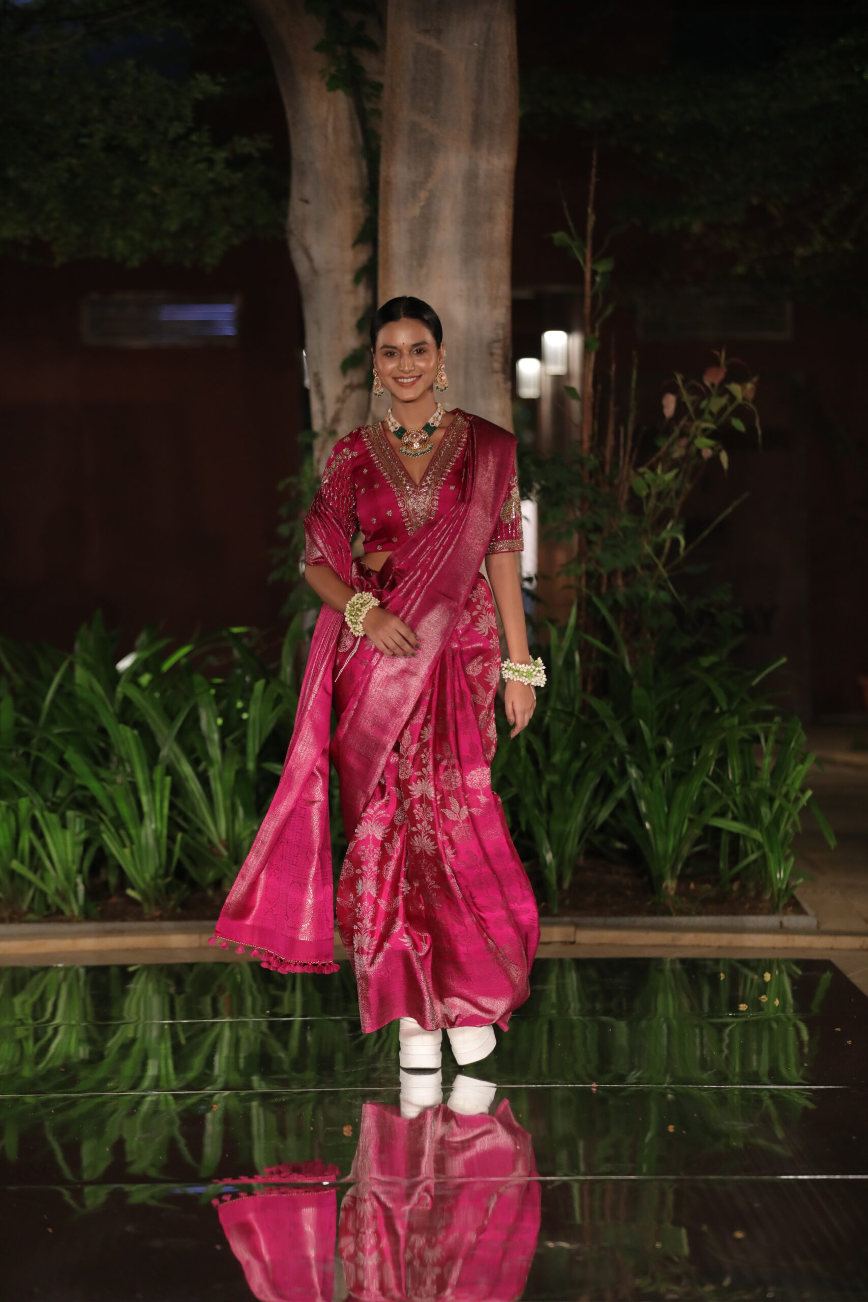 Rani Pink Pure Kanjeevaram Silk Saree with Floral Zari Weaving