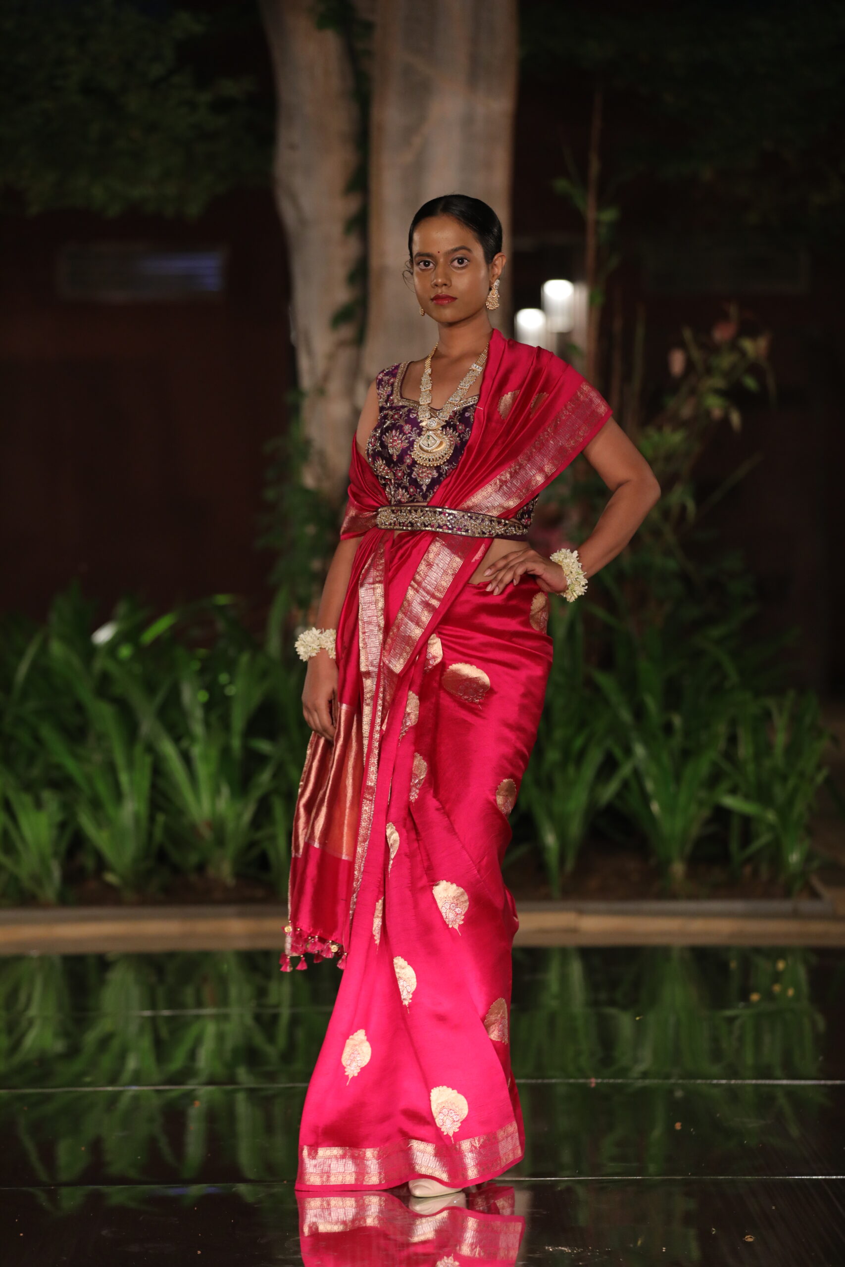 Red Pure Kanjeevaram Saree with Gold Zari Buttas and Contrast Border