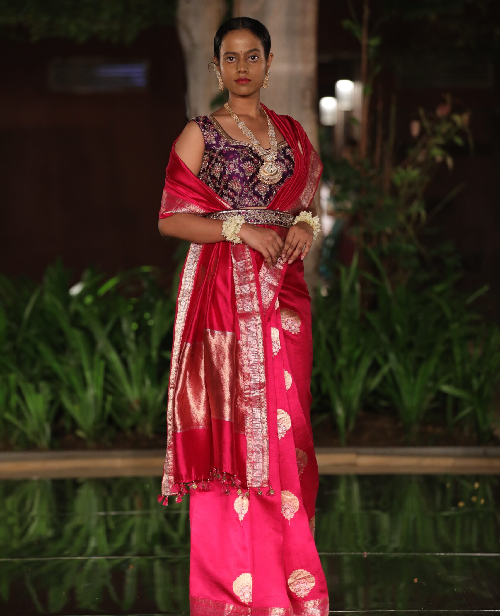 Red Pure Kanjeevaram Saree with Gold Zari Buttas and Contrast Border