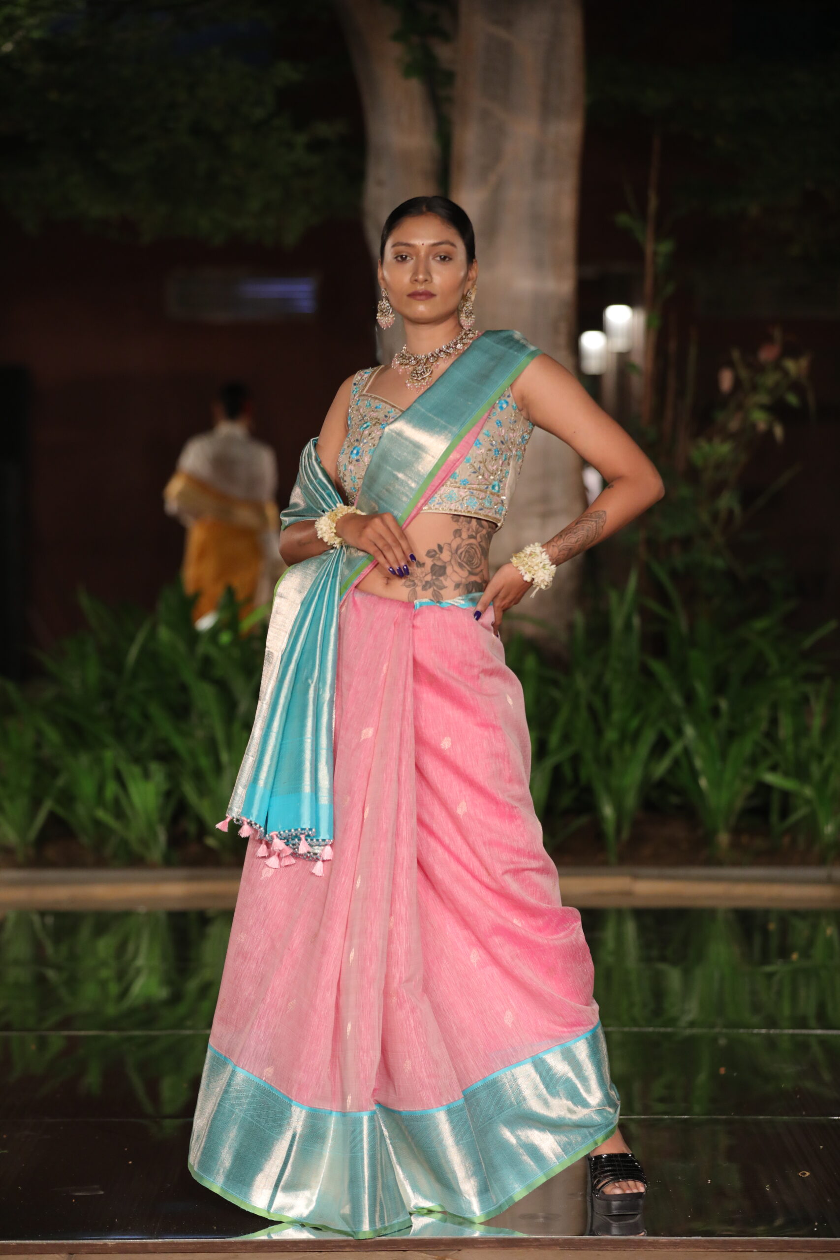 Pink Kanjeevaram Linen Silk Saree with Aqua Blue Zari Border & Pallu