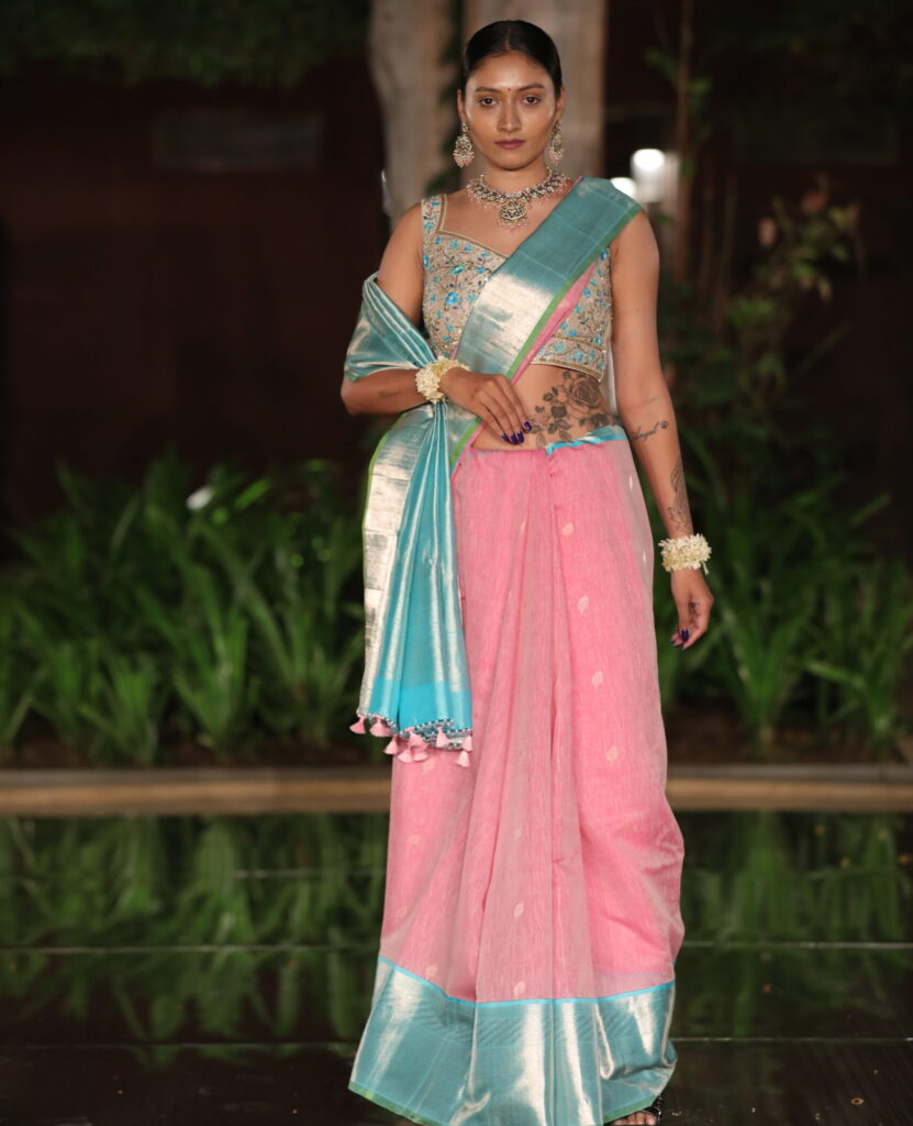 Pink Kanjeevaram Linen Silk Saree with Aqua Blue Zari Border & Pallu