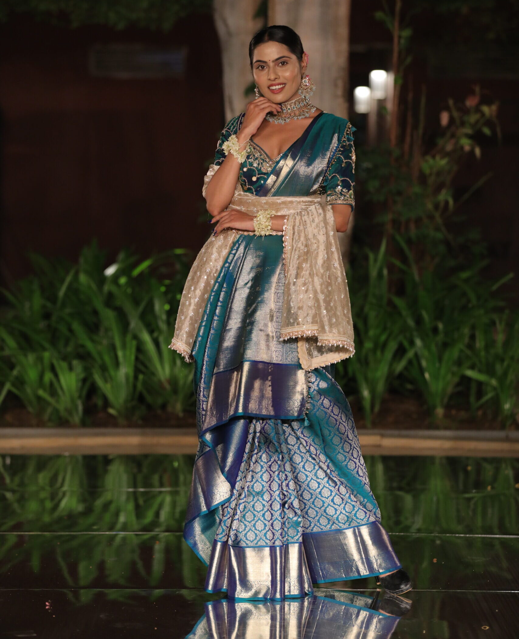 Teal & Royal Blue Pure Kanjeevaram Silk Saree with Silver Zari Weaving and Contrast Pallu