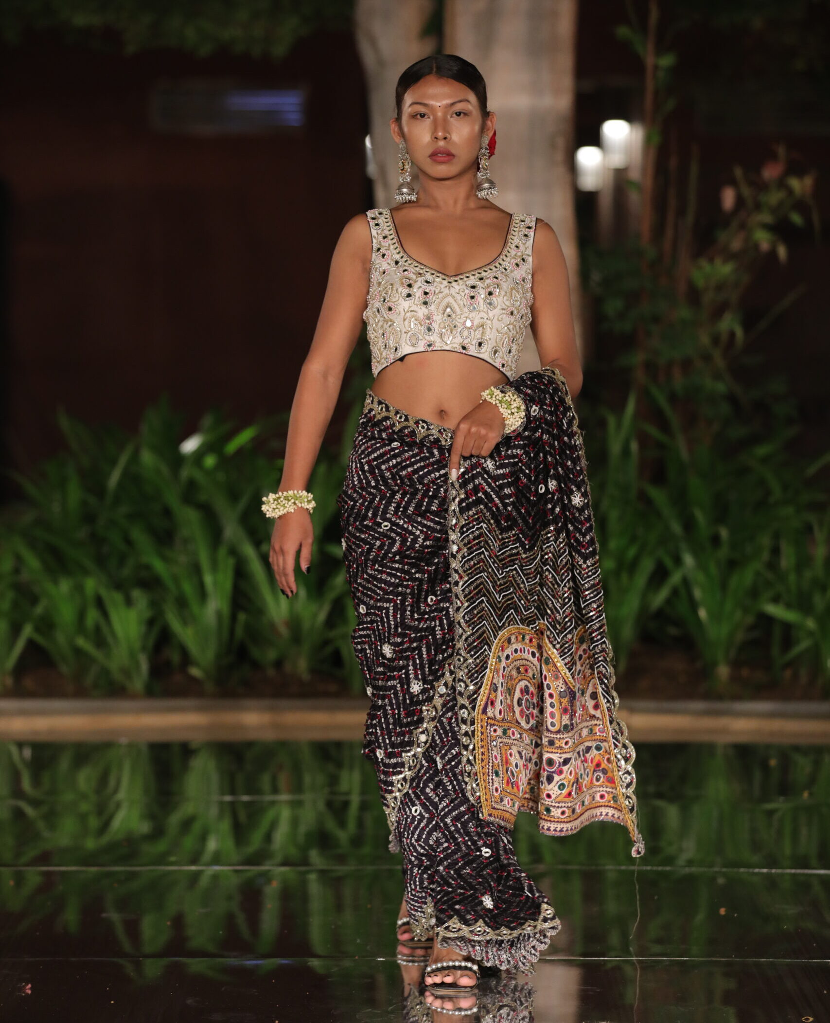 Navy Blue Banarasi Bandhani Saree with Kachhi and Intricate Handwork Border