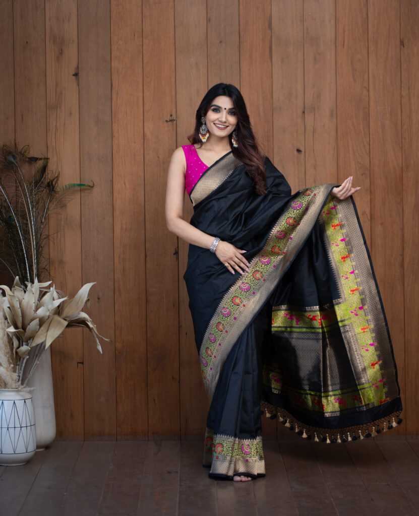 Black Banarasi Silk Saree with Gold Zari Border