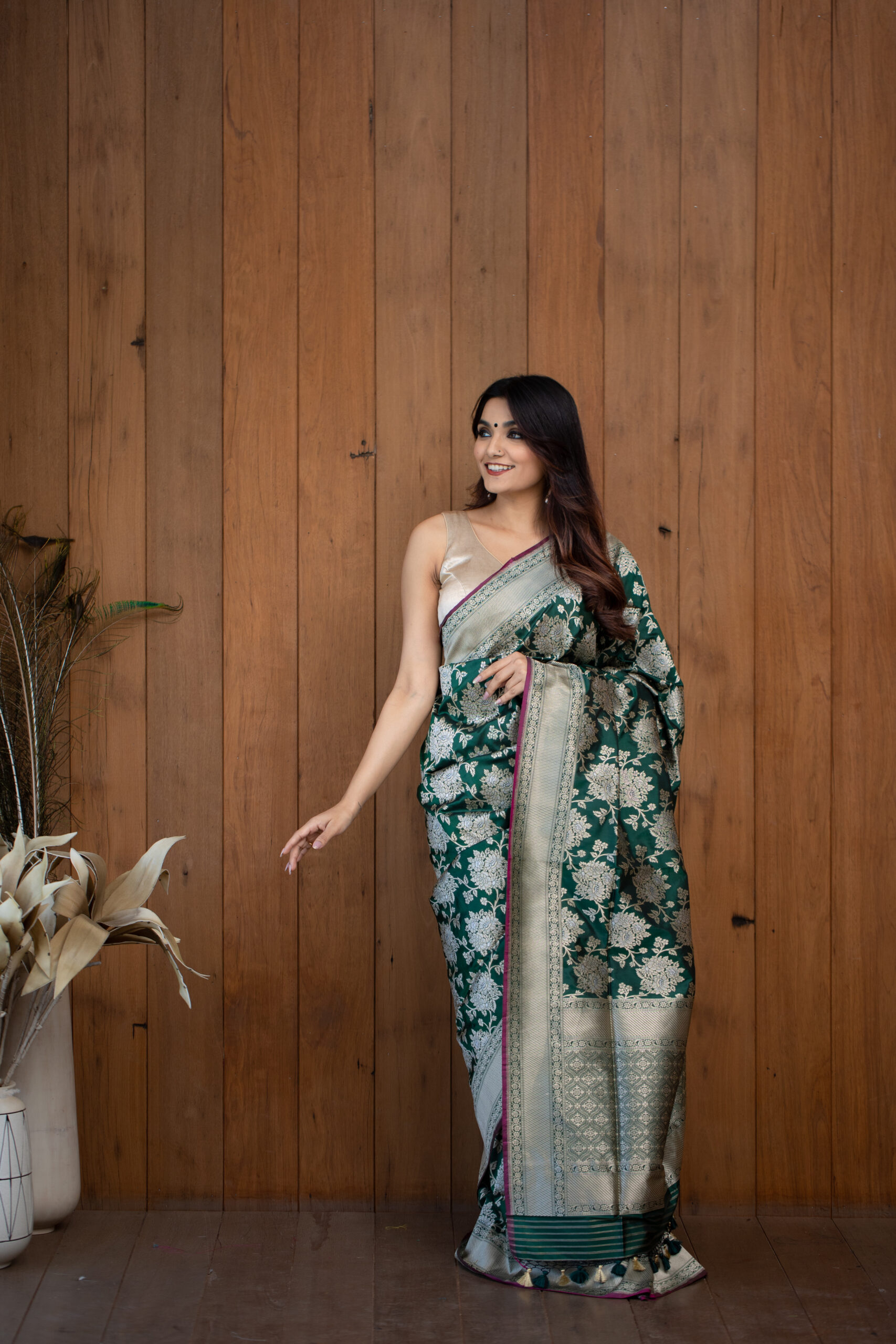 Emerald Green Banarasi Silk Saree with Silver Zari