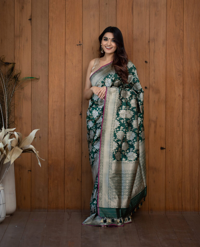 Emerald Green Banarasi Silk Saree with Silver Zari