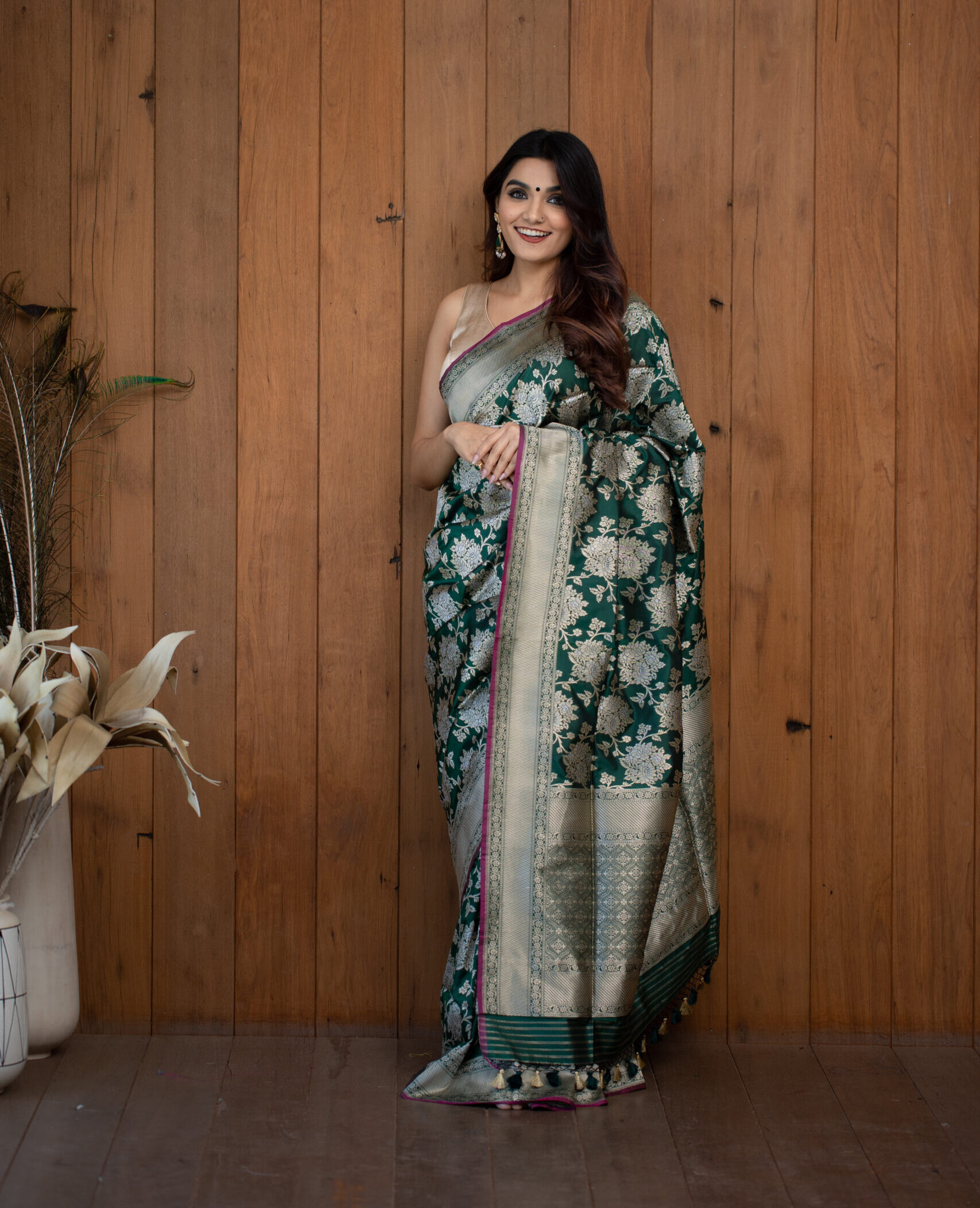 Emerald Green Banarasi Silk Saree with Silver Zari
