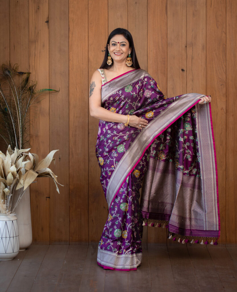 Purple Banarasi Silk Saree with silver Zari Work
