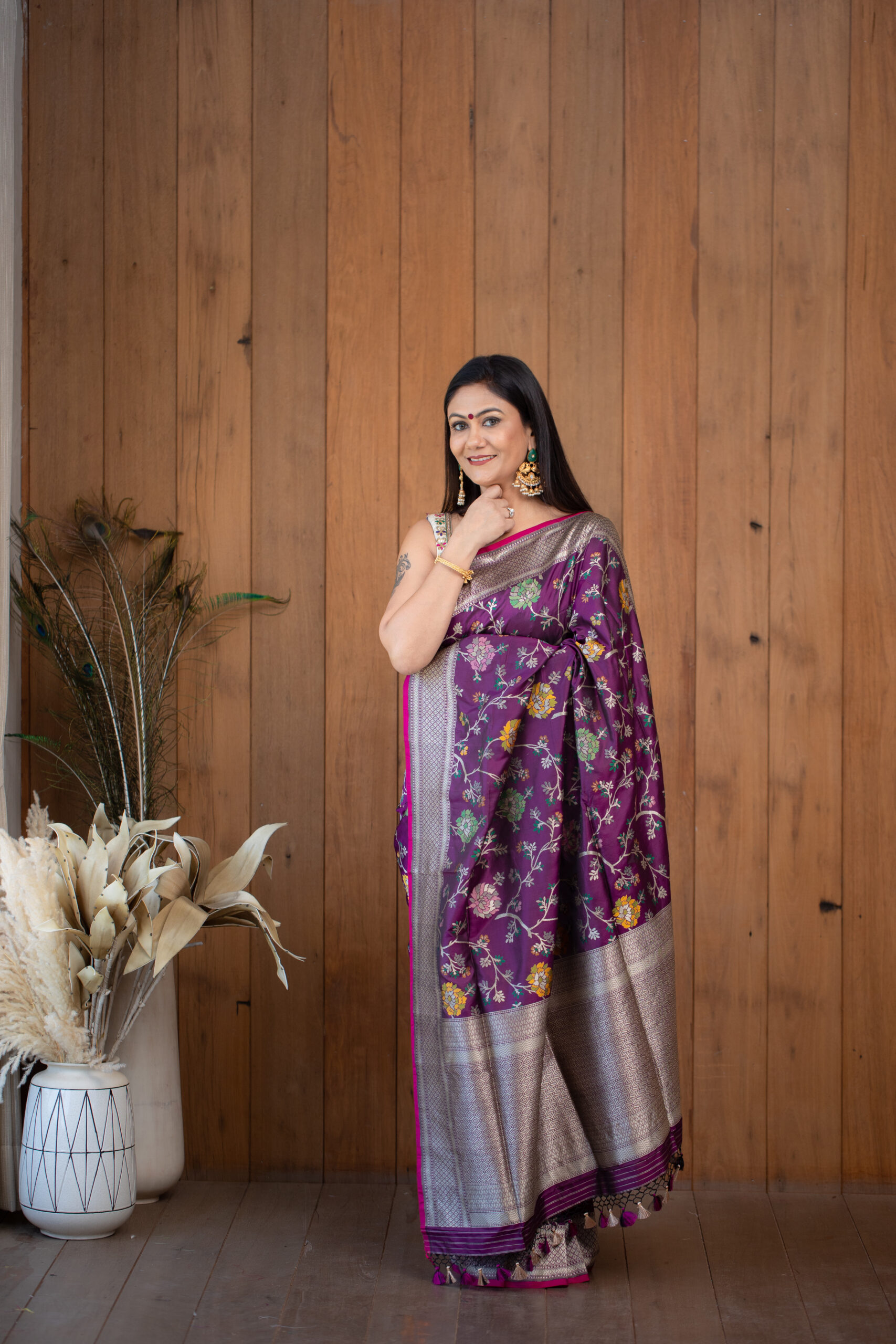 Purple Banarasi Silk Saree with silver Zari Work