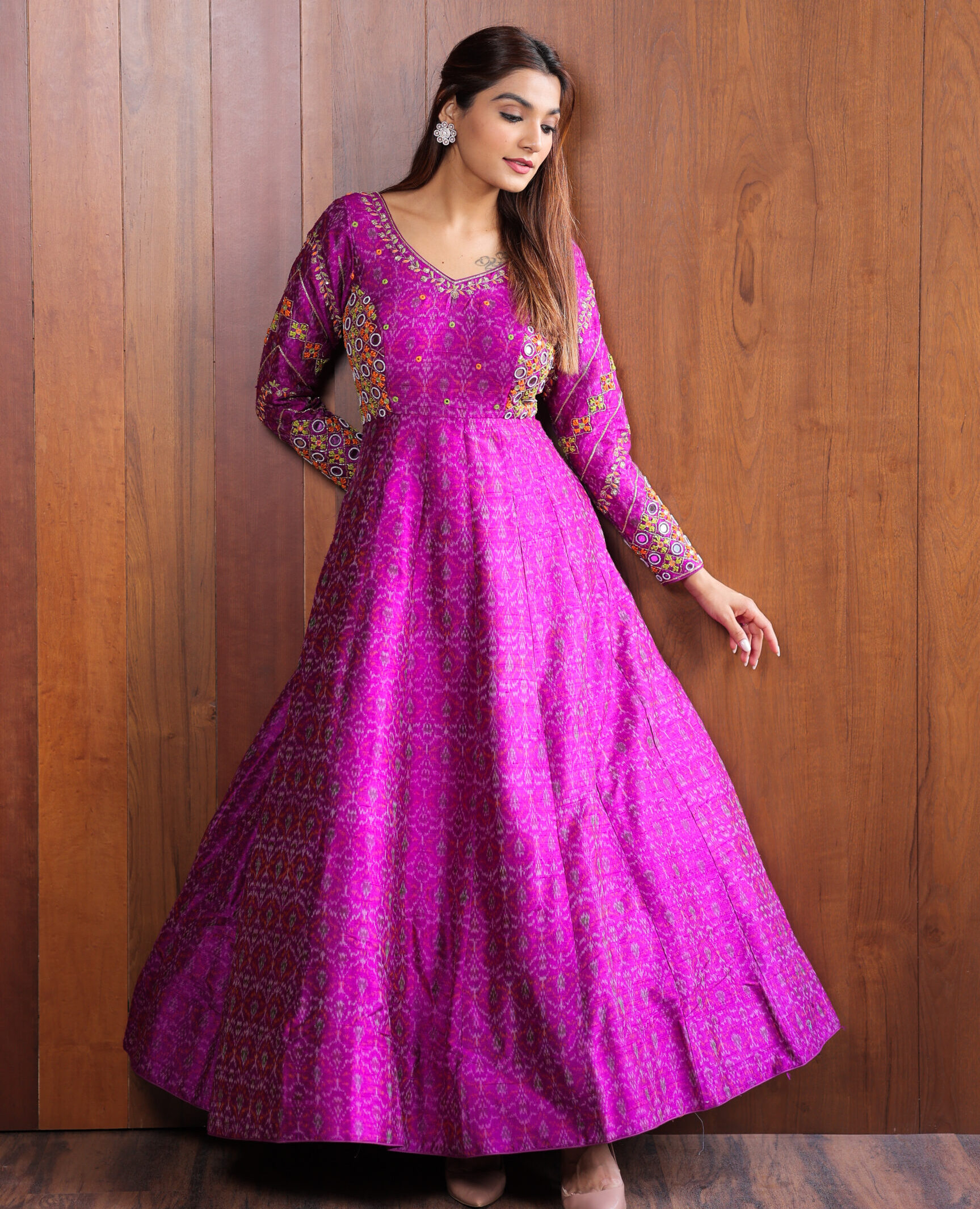 Magenta Raw Silk Anarkali with Moti & Mirror Work