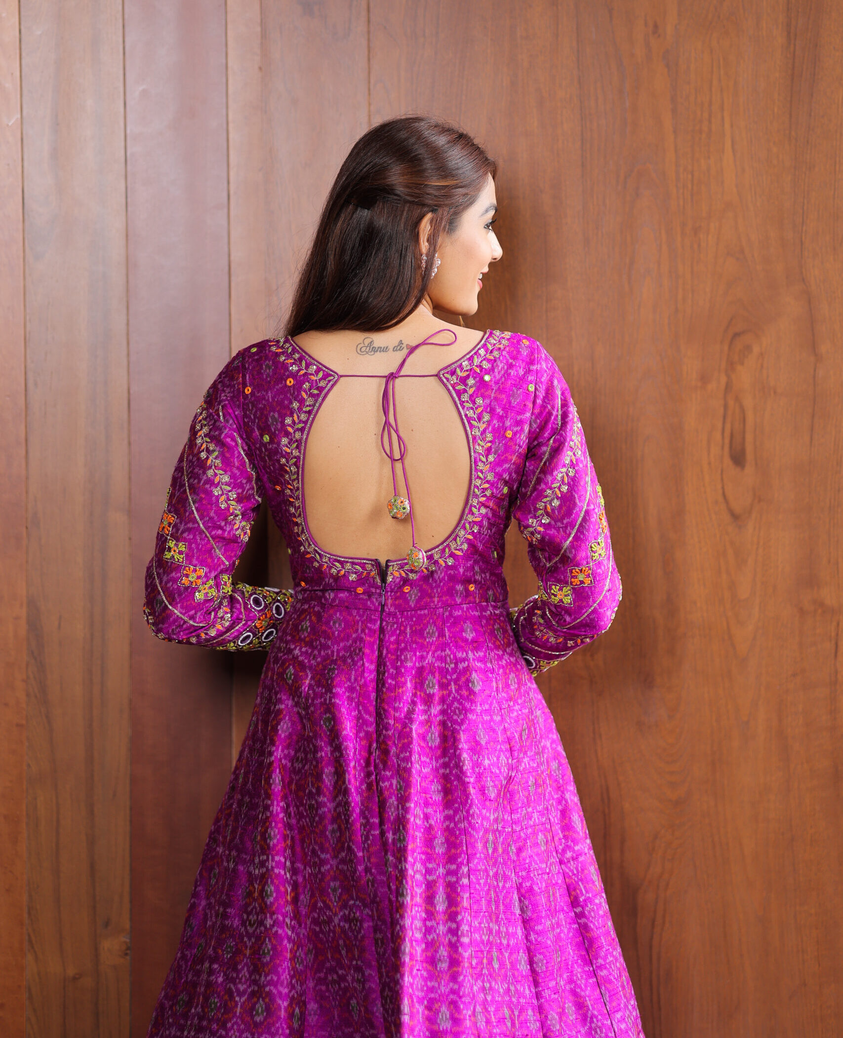 Magenta Raw Silk Anarkali with Moti & Mirror Work