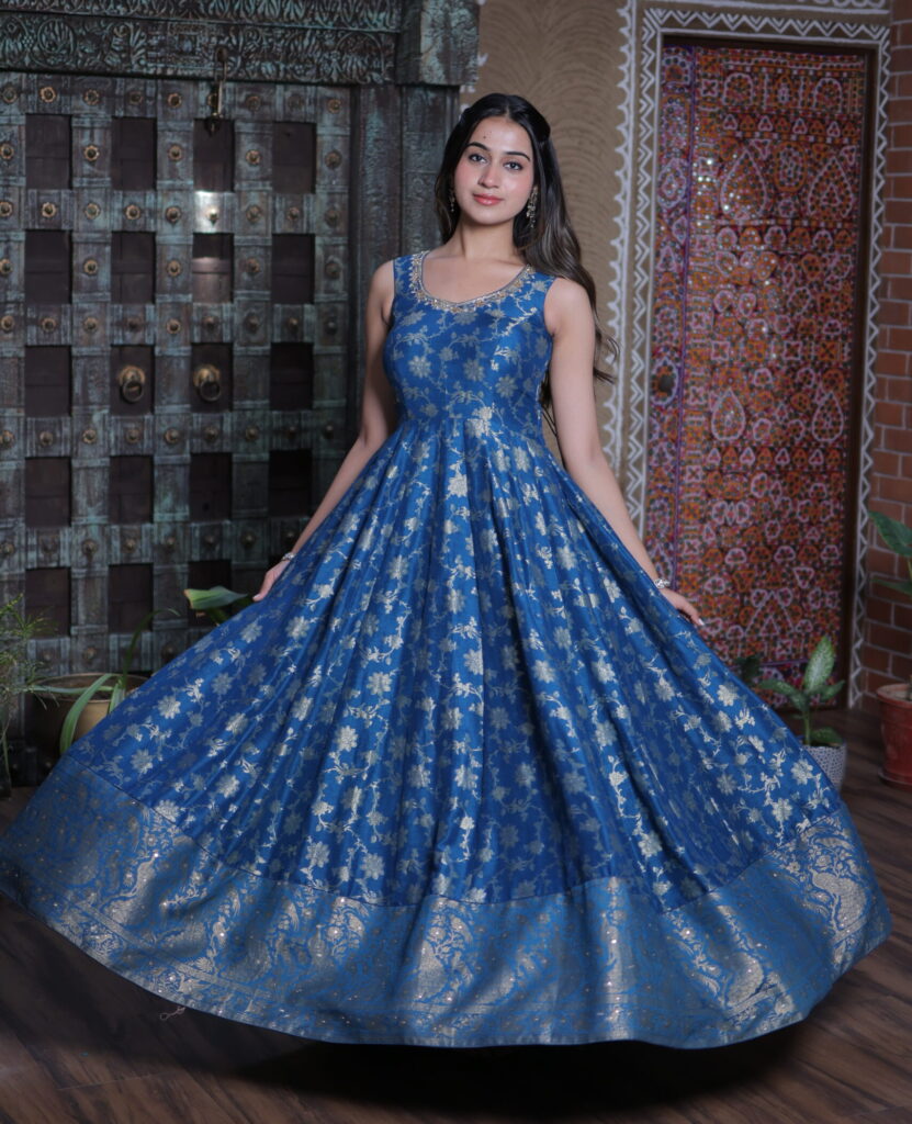 Royal Blue Pure Munga Silk Banarasi Dress.