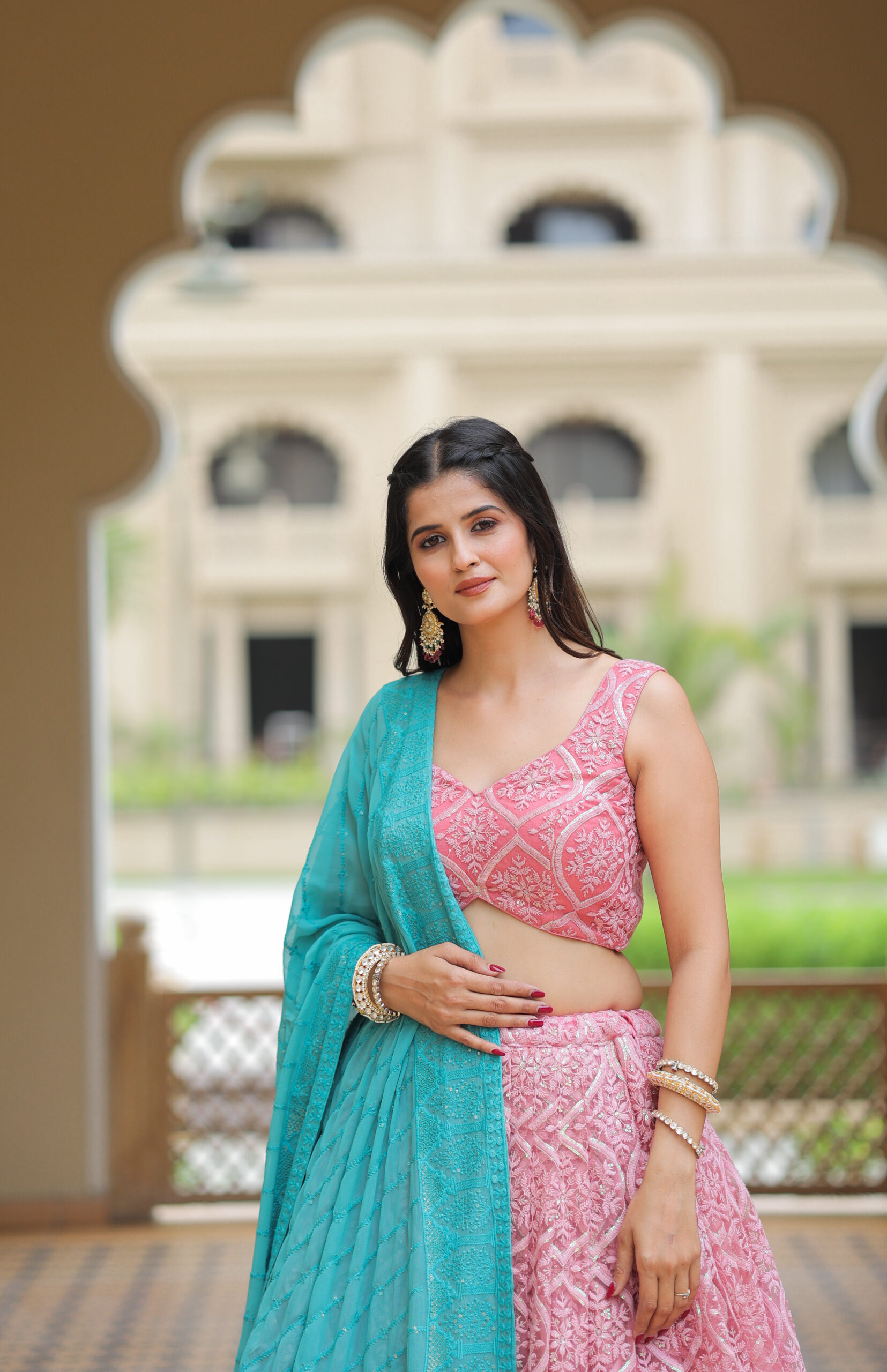 Pink Lucknowi Lehenga Set with 8.5 Meters Flair