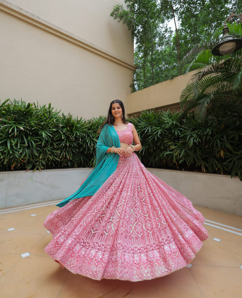 Pink Lucknowi Lehenga Set with 8.5 Meters Flair